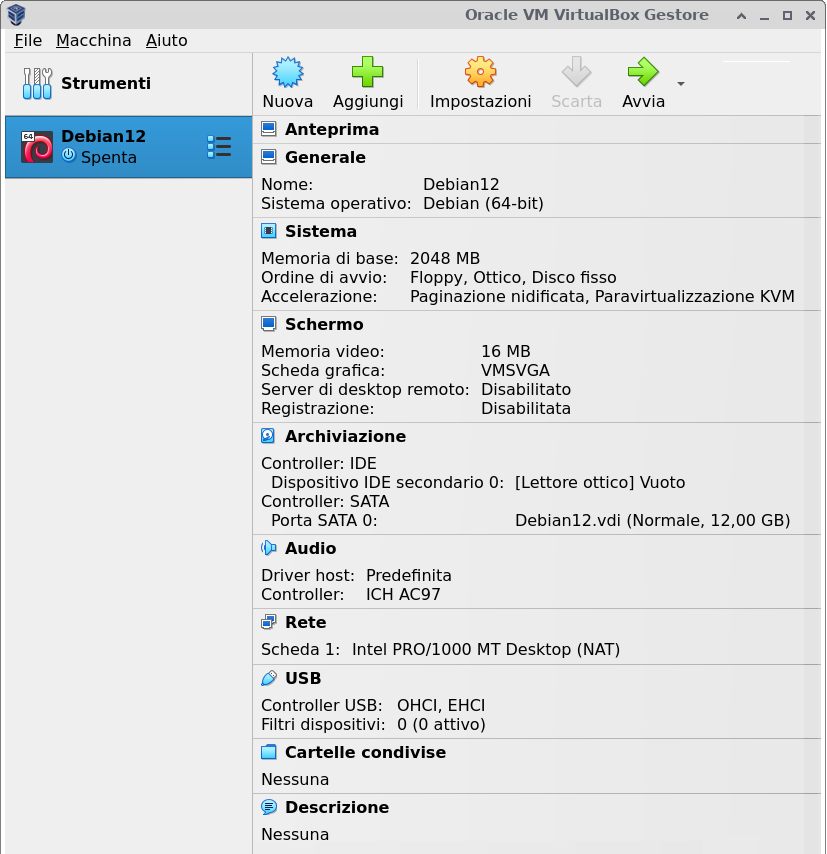 VirtualBox - macchina virtuale creata