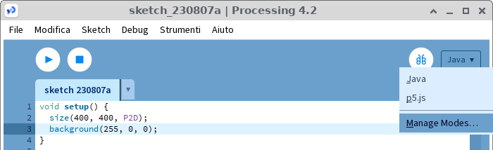 Processing IDE - Menù linguaggi