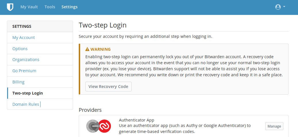 Bitwarden - Attivazione Two step login