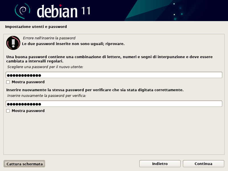 Password non corrispondente